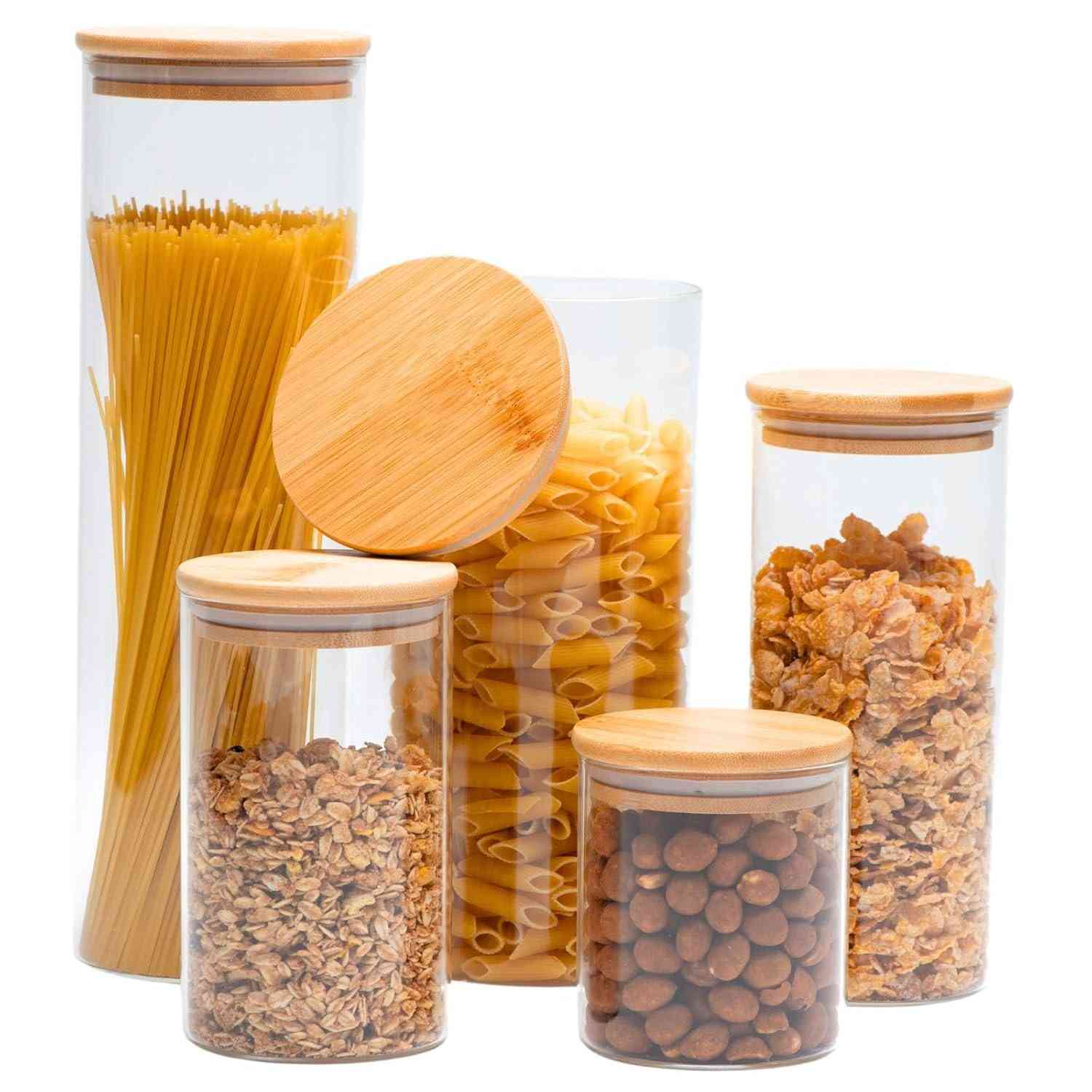 Potes Herméticos de Vidro com Tampa de Bambu - Kit 5 Unidades para Armazenamento Elegante e Sustentável
