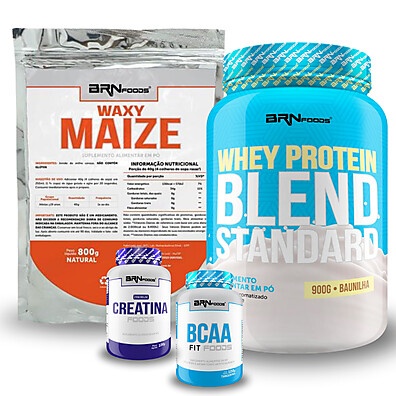 Kit Hipertrofia BRN FOODS: Whey, Creatina, BCAA + Waxy