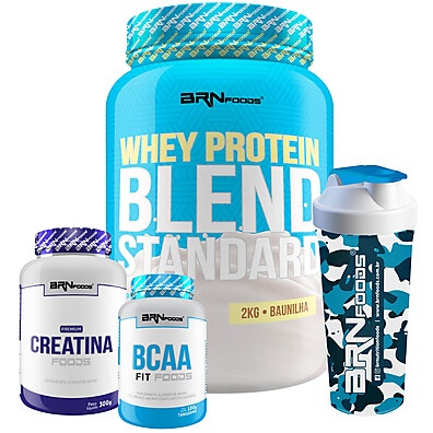 Kit Hipertrofia BRN: Whey, Creatina, BCAA + Coqueteleira
