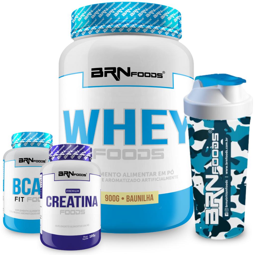Kit Hipertrofia: Whey, BCAA, Creatina + Coqueteleira
