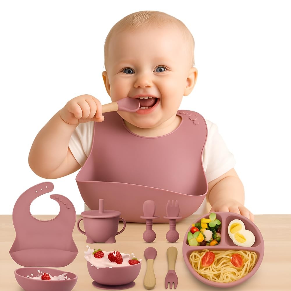 Kit Introdução Alimentar Bebê 8 Peças em Silicone Premium com Talheres de Madeira e Canudo