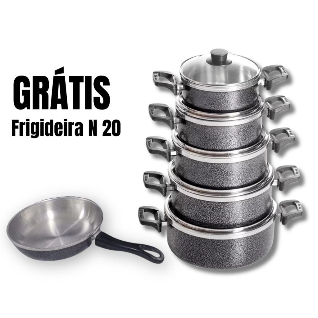 Kit Jogo de Panelas 6 Peças Alumínio com Tampa de Vidro e Frigideira N°20 – Prático e Durável