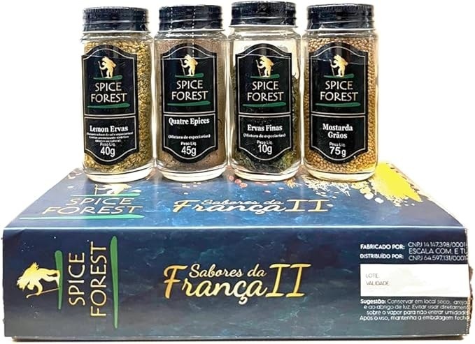 Kit com 4 Temperos Linha Premium: Ervas Finas, Lemon Ervas, Mostarda em Grãos e Quatre Spices - Frasco de Vidro Spice Forest