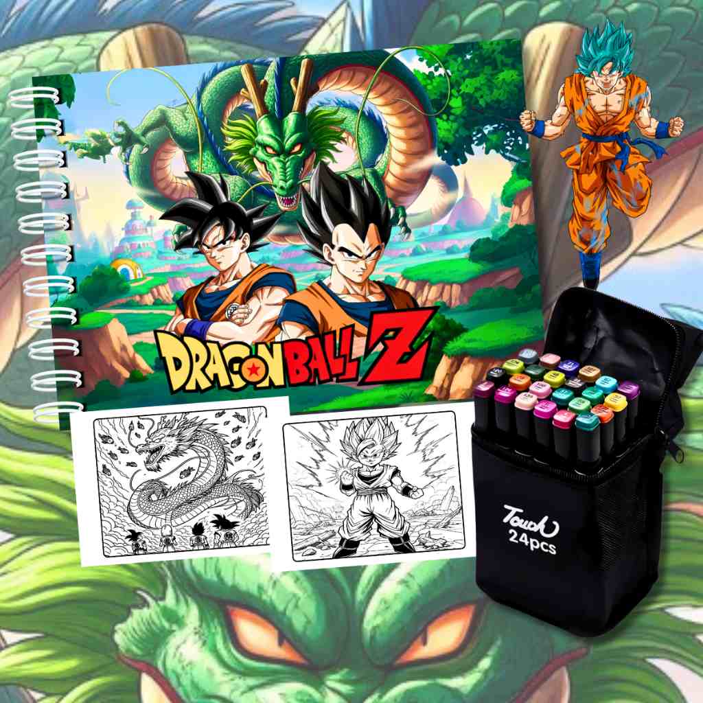 kit-livro-dragon-ball-50-folhas-24-canetinhas-profissionais