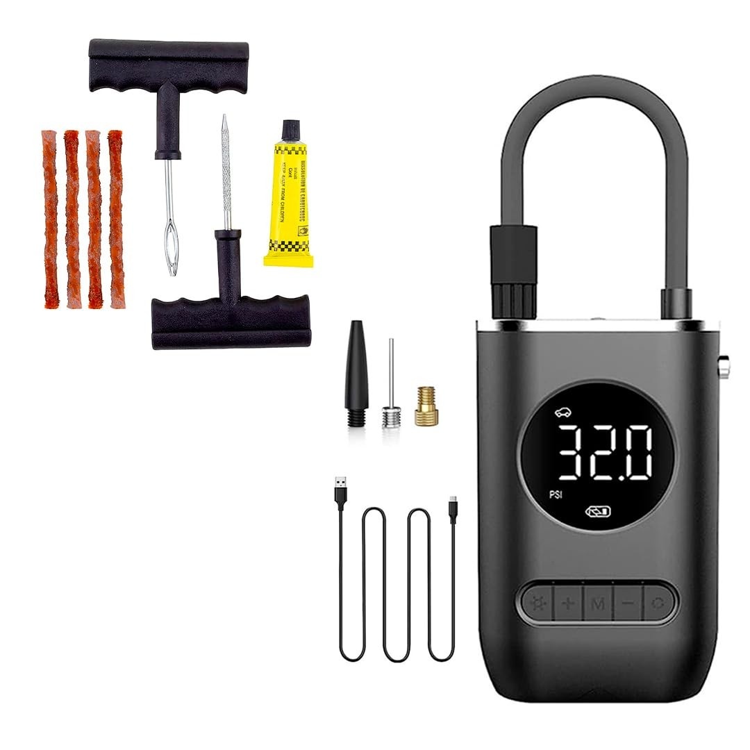 Kit Essencial: Bomba Compressor Portátil + Reparo Pneu - Mobilidade e Segurança Garantidas!