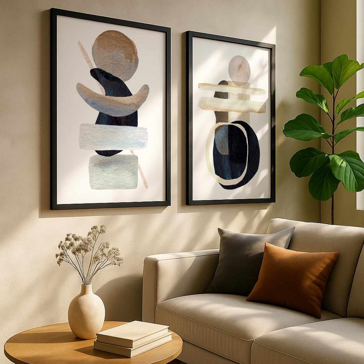 Kit 2 Quadros Decorativos Abstrato Equilíbrio Orgânico – Tons Neutros Modernos com Moldura