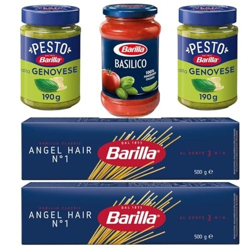 Kit BARILLA: 1 molho BASILICO 400g, 2 molho PESTO 190g e 2 Macarrão N.1 ANGEL HAIR 500g