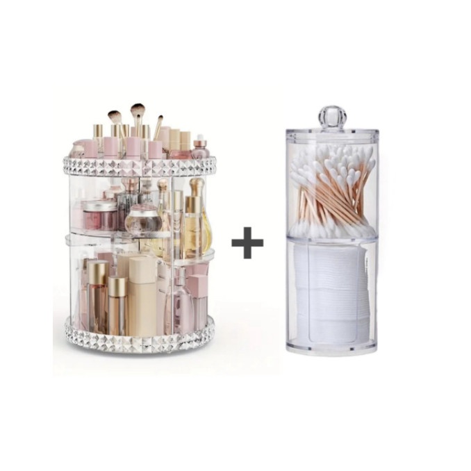 Kit Organizador Cosmético 360º + Porta Algodão Acrílico