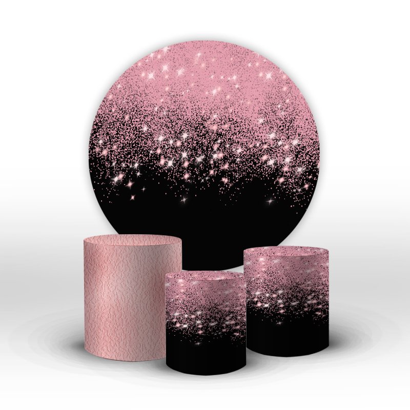 Kit Painel e Cilindros Glitter Rosa e Preto com Elástico - Festa Pronta em Minutos