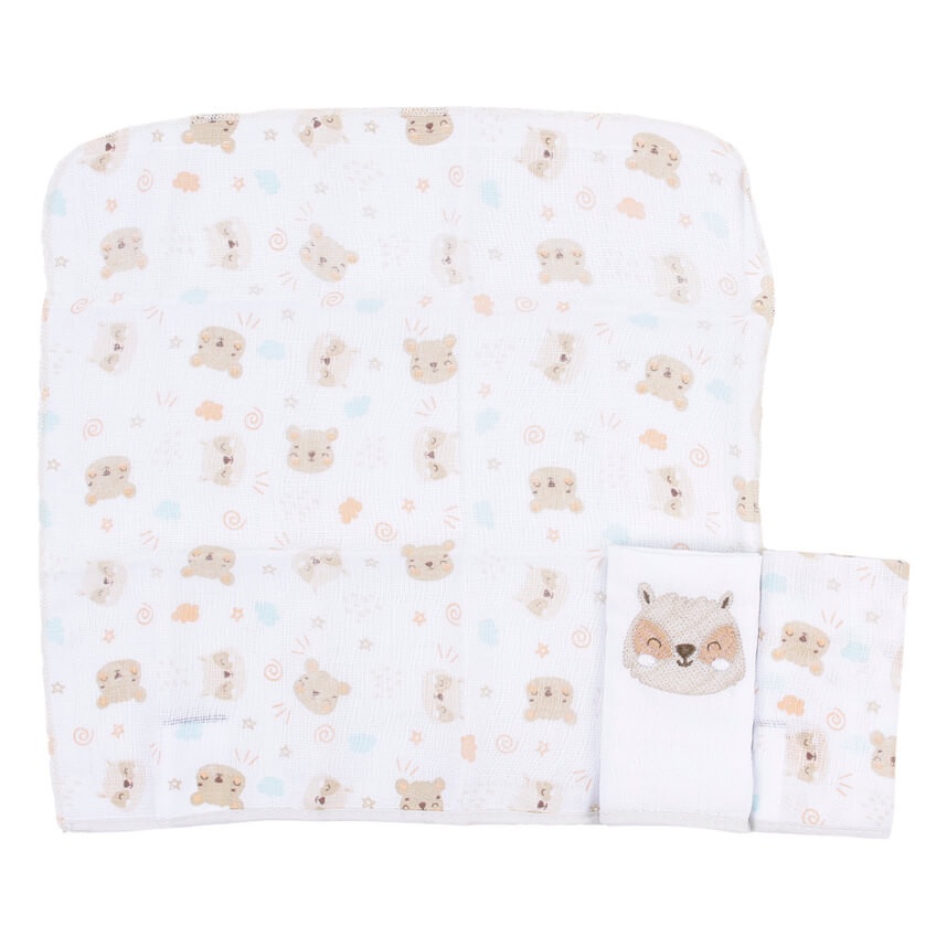 Kit Pano de Boca com Estampa de Urso - 3 Peças Macias