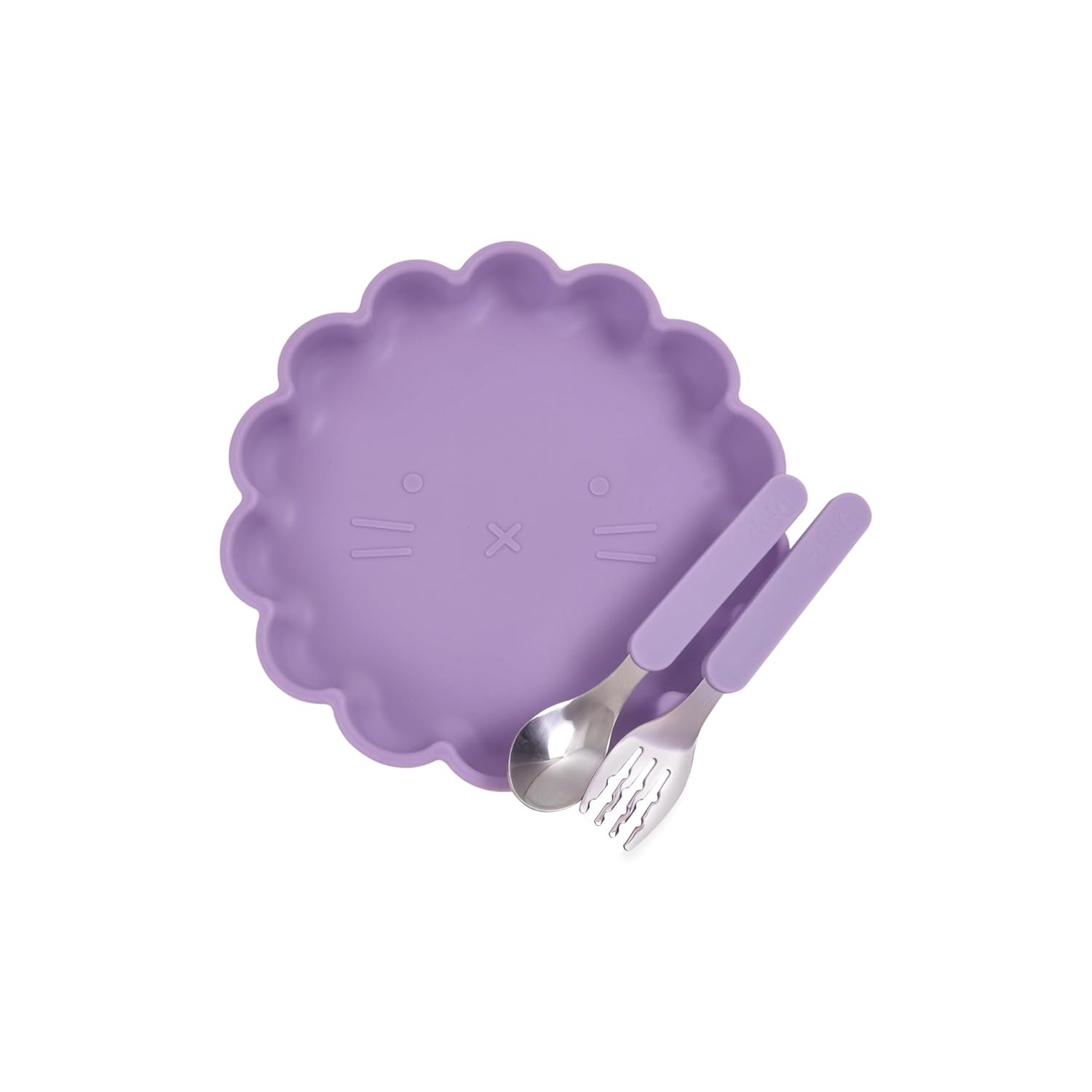 Kit Prato de Silicone com Ventosa e Talheres Cute Lilás - Seguro e Divertido para Crianças