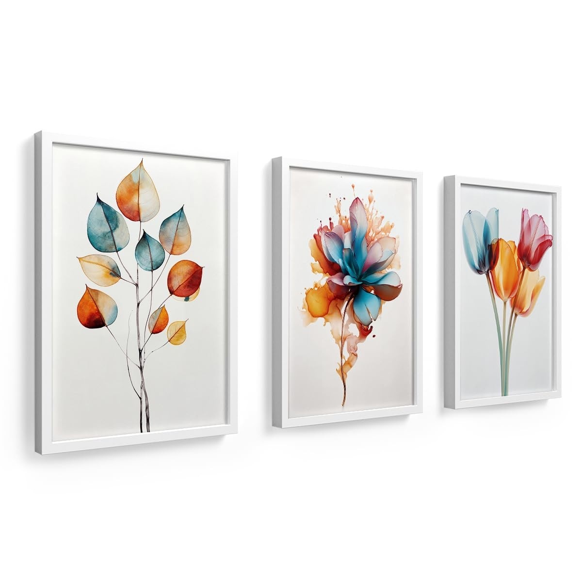 Kit 3 Quadros 18x24cm com Moldura de Madeira e Vidro - Decoração Floral para Sala, Quarto e Escritório