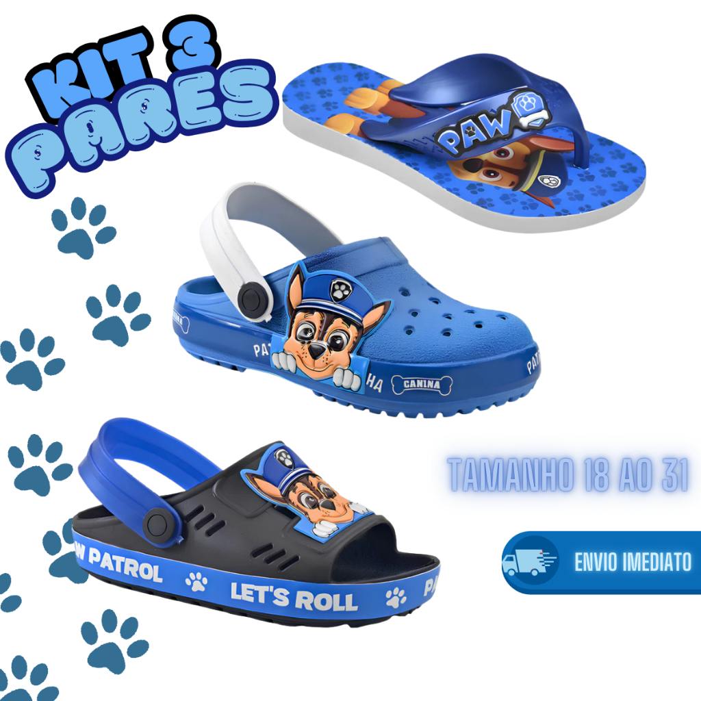 Kit Patrulha 3 Pares Babuche + Chinelo + Sandália Azul/Preto Menino