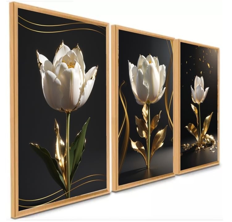 Quadros Decorativos Flores Douradas - Tulipas em Estilo Floral Ouro | Kit 3 Peças 90x50cm