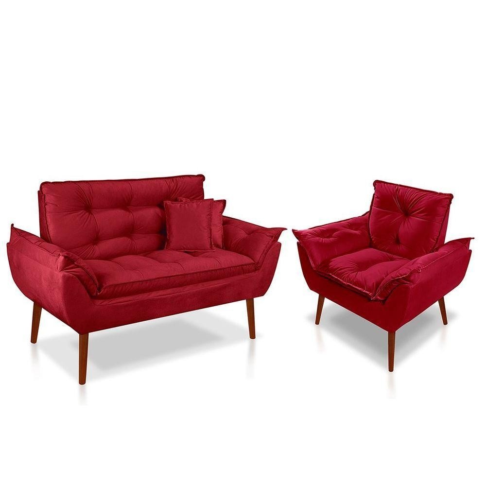 Kit Poltrona e Namoradeira Opala com Almofadas Suede Vermelho