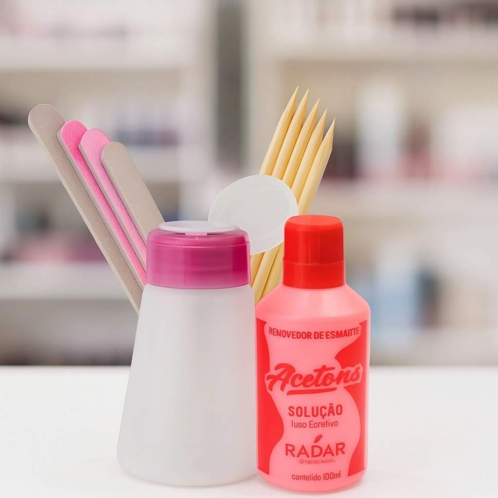 Kit Porta Acetona 180ml + 6 Lixas Rosas + 5 Palitos 17cm