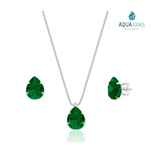 Kit Prata 925 Esmeralda: Brinco e Colar Gota