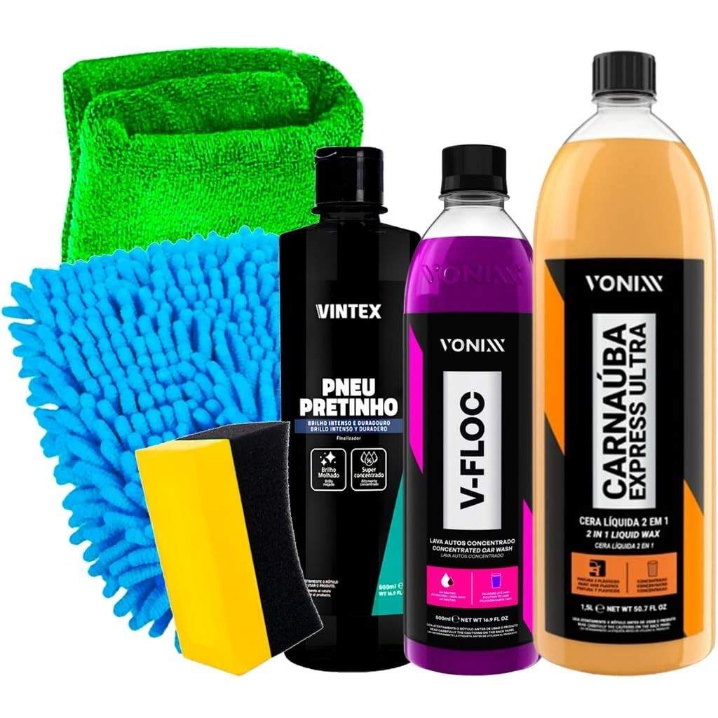 Kit Completo Vonixx & Vintex: Carnaúba Express, V-Floc, Pneu Pretinho e Acessórios Karbox para Detalhamento Impecável