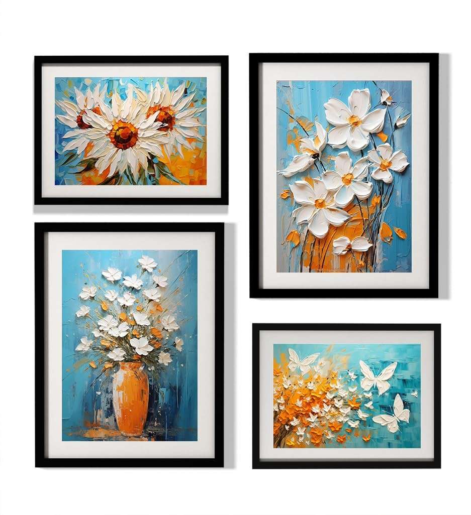 Kit 4 Quadros Decorativos com Moldura de Madeira e Vidro - Tema Floral com Borboletas Azuis e Laranjas