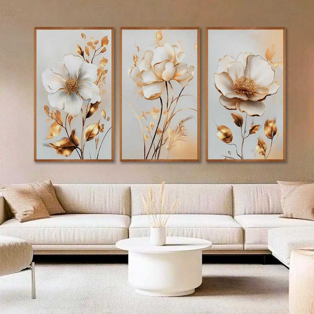 Kit com 3 Quadros Decorativos 30x50 cm Floral Romântico Realista com Moldura Natural - Ideal para Sala, Quarto e Hall