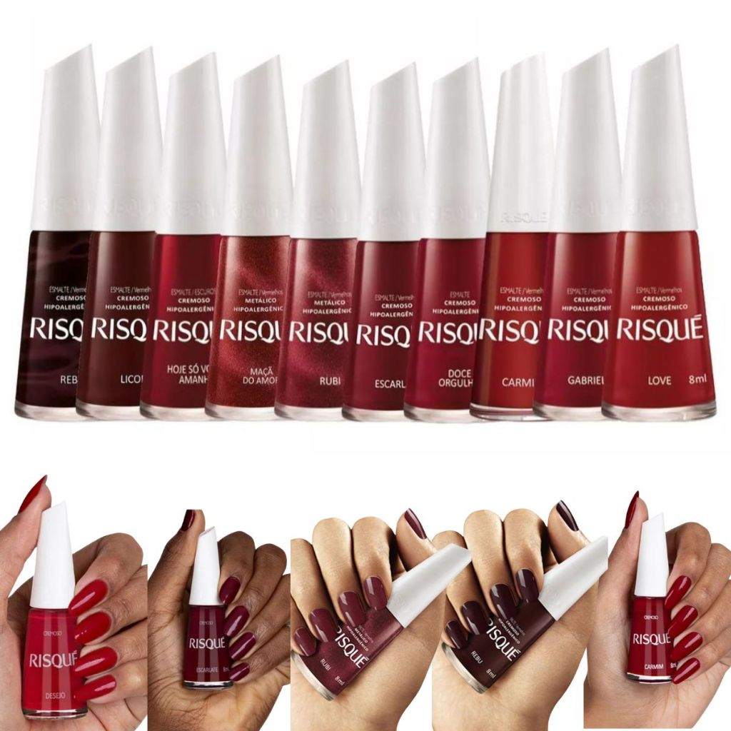 Kit Risqué Vermelhos: 10 Cores Hipoalergênicas para Unhas Perfeitas