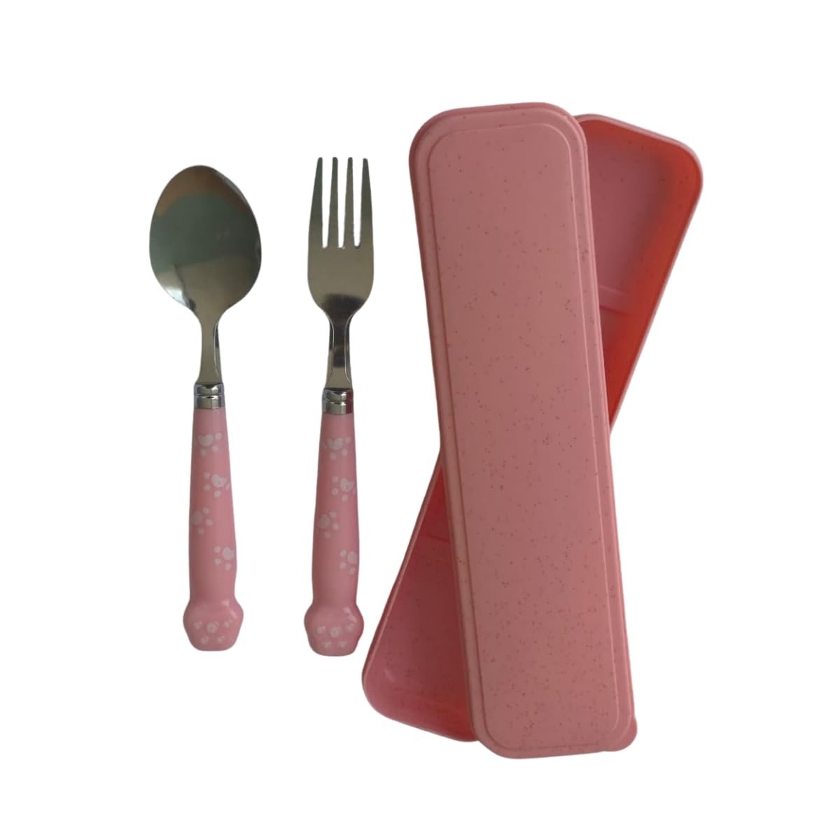 Kit de Talheres Infantil com Estojo Rosa – Colher e Garfo em Aço Inox com Design Ergonômico