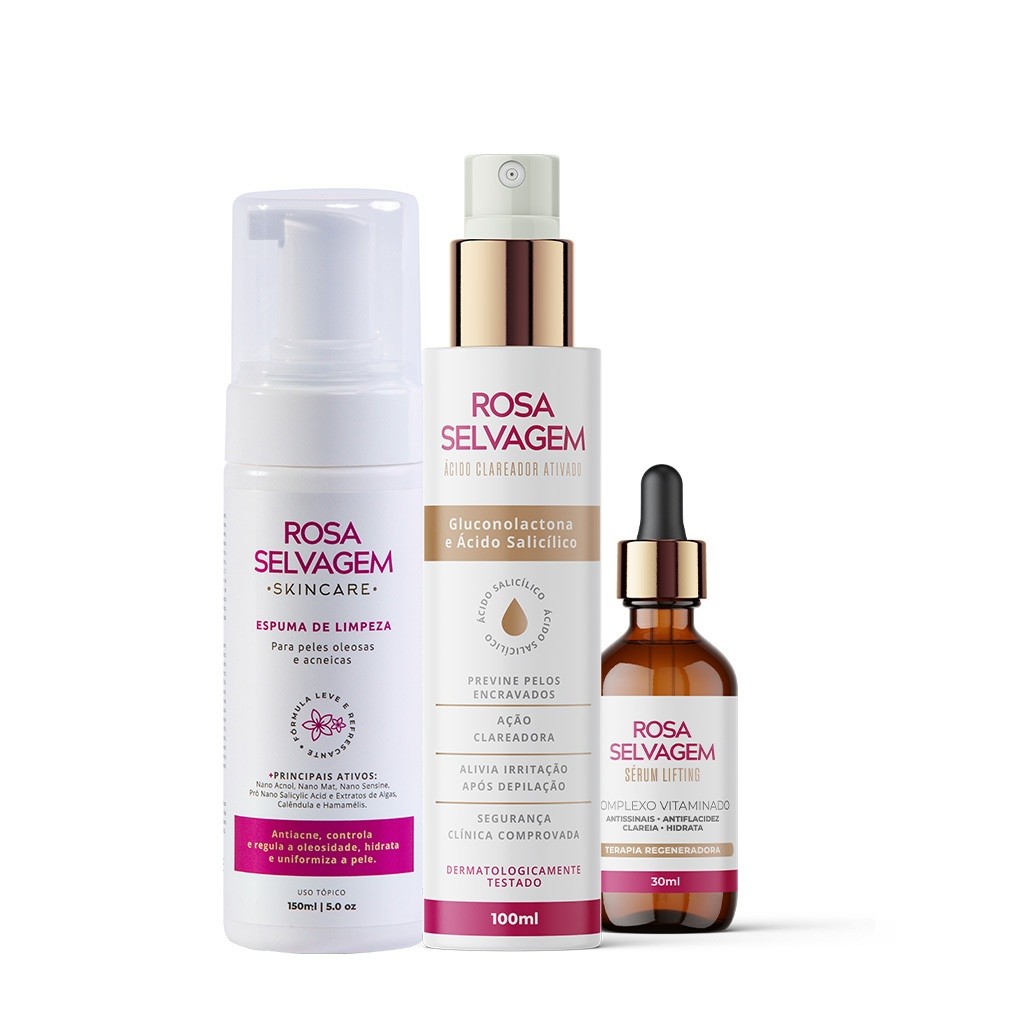 Kit Rosa Selvagem: Óleo, Espuma e Sérum Lifting para Pele
