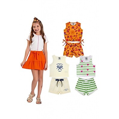 Kit Roupas Infantil Menina Verão 6 Peças - 3 Camisetas + 3 Bermudas