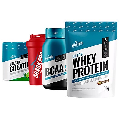 Kit Shark Pro: Whey, BCAA, Creatina + Coqueteleira