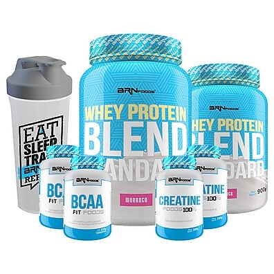Kit Suplementos BRN Foods: Whey + Creatina + BCAA + Coqueteleira