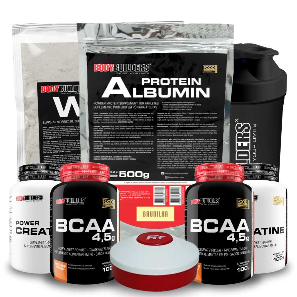 Kit Suplementos para Ganho de Massa: Whey, Albumina, BCAA e Creatina