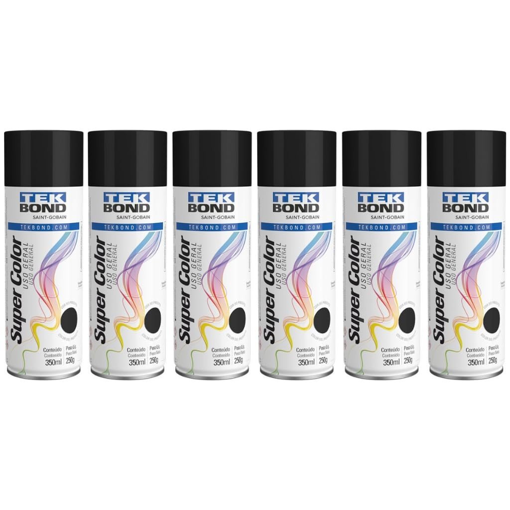 Kit 6 Tintas Spray Preto Brilhante Aerossol TekBond Uso Geral 350ml/250g