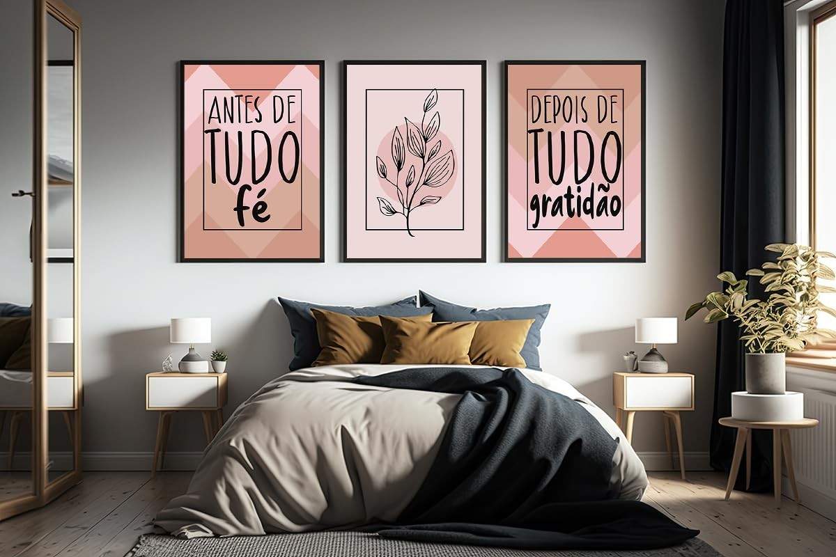 Kit 3 Quadros Antes De Tudo Fé Rosa Oliva Moderno - 60x40cm - Decoração Elegante para Sala e Quarto