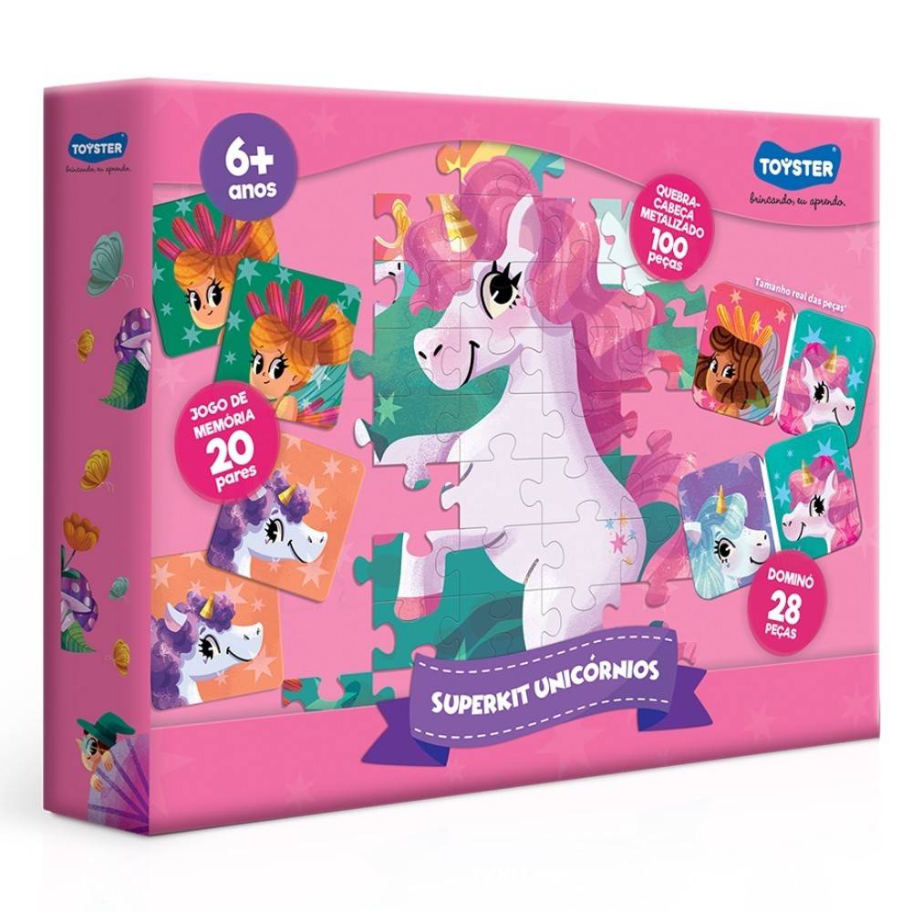 Kit Unicórnios Toyster: Quebra-Cabeça, Dominó e Memória