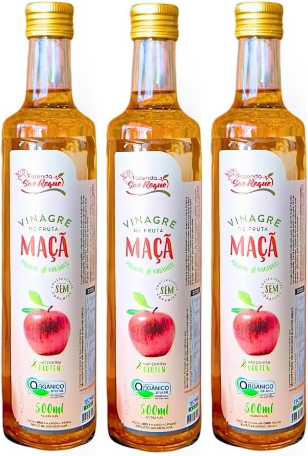 Kit 3 Vinagre De Maçã Orgânico Acidez 4,2% Fazenda São Roque 500 ml