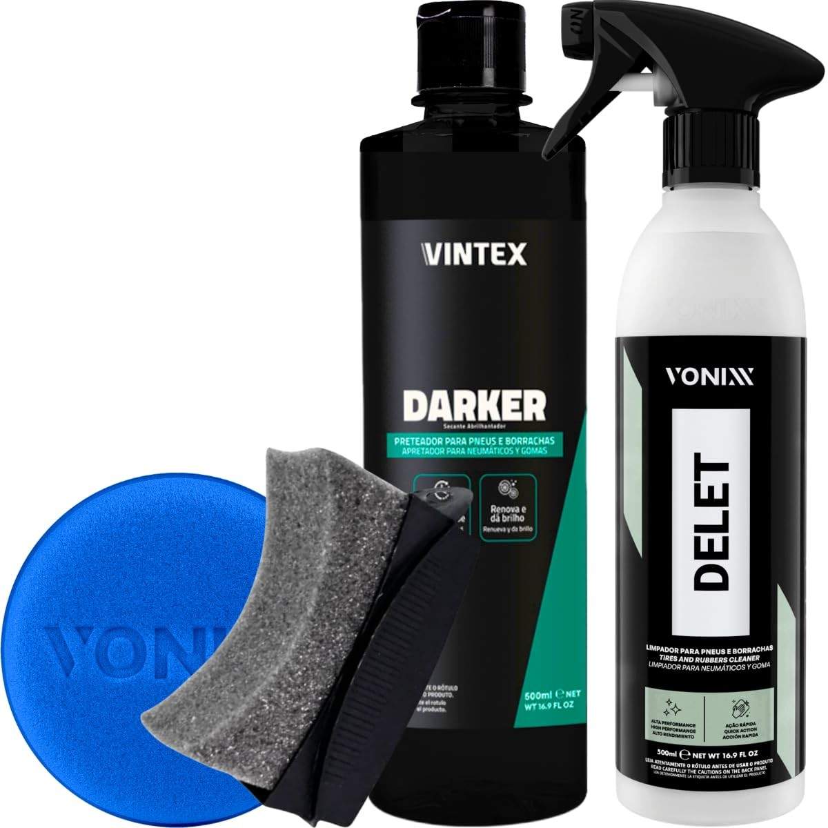 Kit Completo Pneus Darker 500ml + Limpador Delet 500ml + Aplicadores Vonixx e Detailer