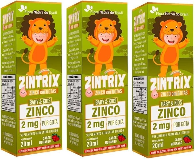 KIT 3X ZINTRIX (Zinco Infantil) 20ml - Flora Nativa Sabor:Morango