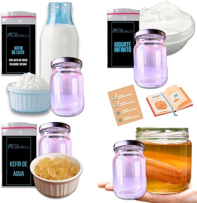 Kit Família! Scoby Kombucha + Kefir De Leite Ganhe Kefir De Água + Iogurte + 4x 250ml Com Tampa
