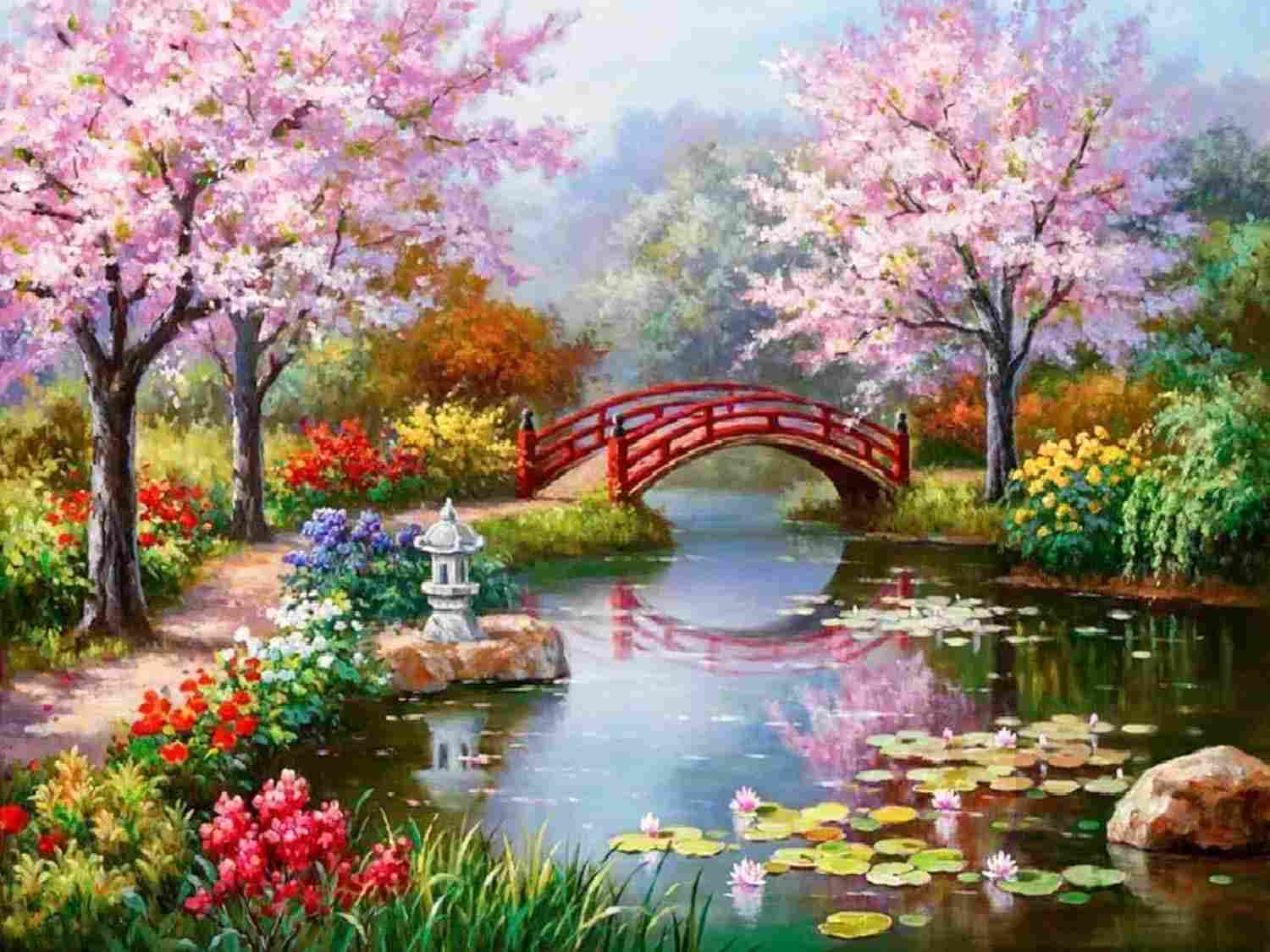 Kit Pintura de Diamantes 5D Lago com Ponte 40x30cm - Strass Cristalino com Brilho Intenso