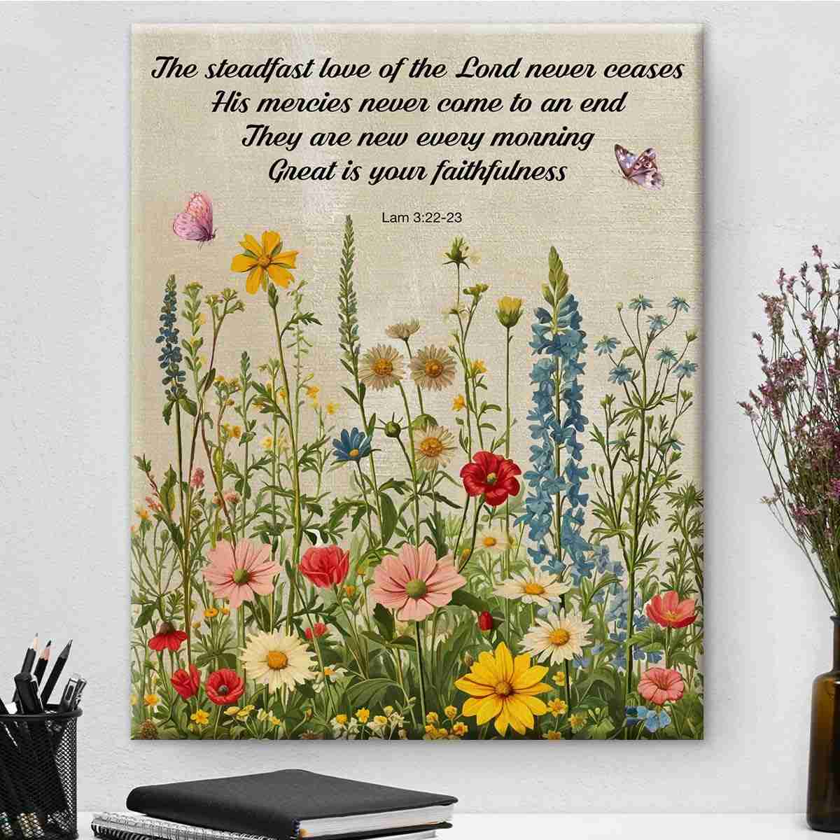 Pôster Cristiano com Versículo Bíblico Lamentações 3 - Arte de Parede com Flores Silvestres e Moldura