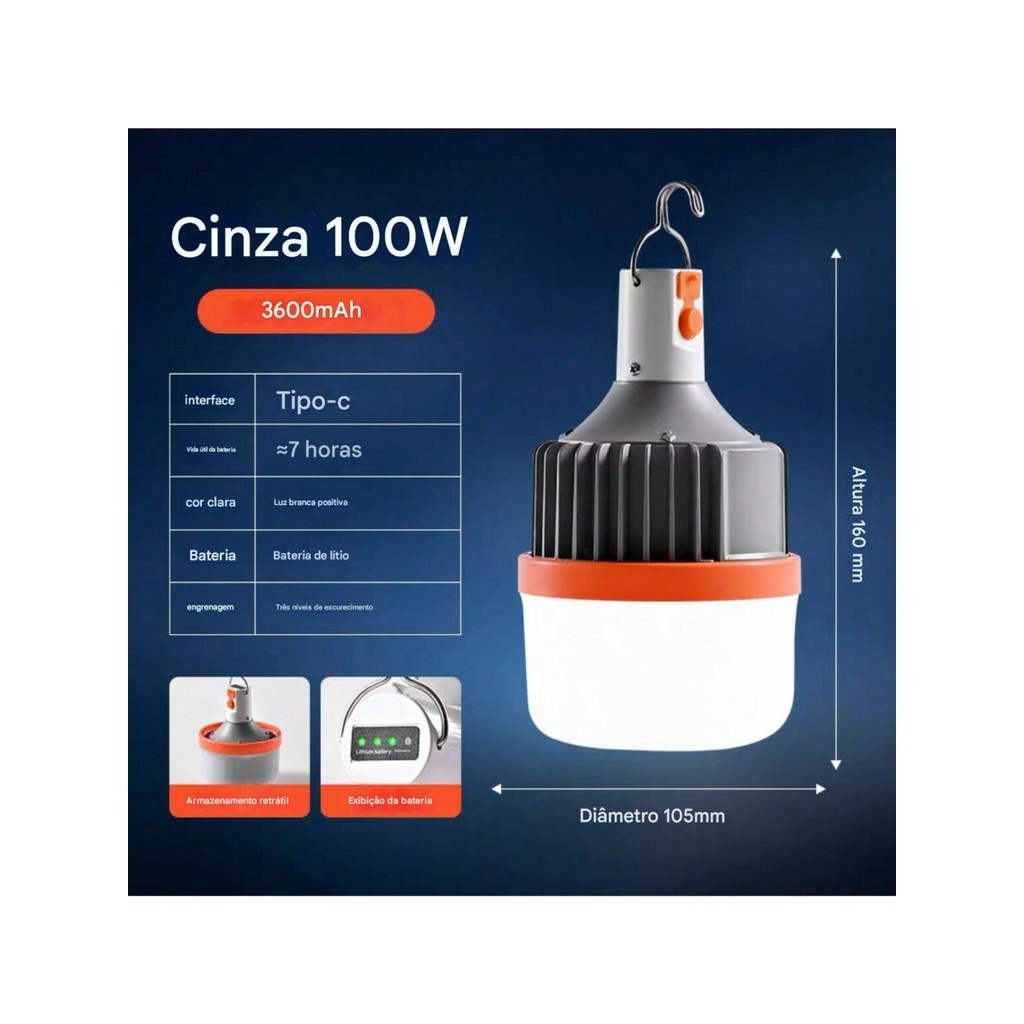 Lâmpada Recarregável LED de 100W e 200W: Iluminação Potente e Portátil