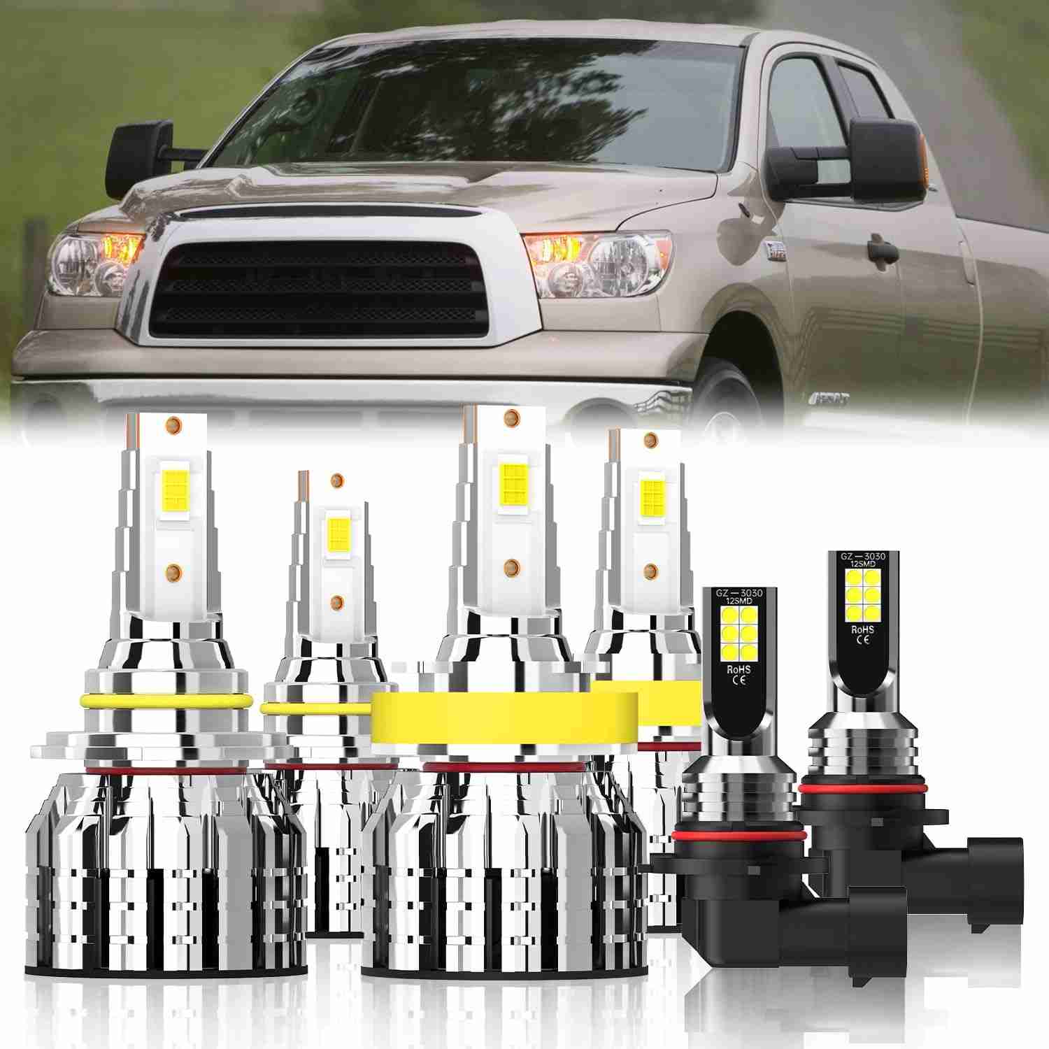 Kit 6 Lâmpadas LED Toyota Tundra 2007-2013: Farol Alto 9005, Baixo H11 e Neblina 9145 - Iluminação Superior