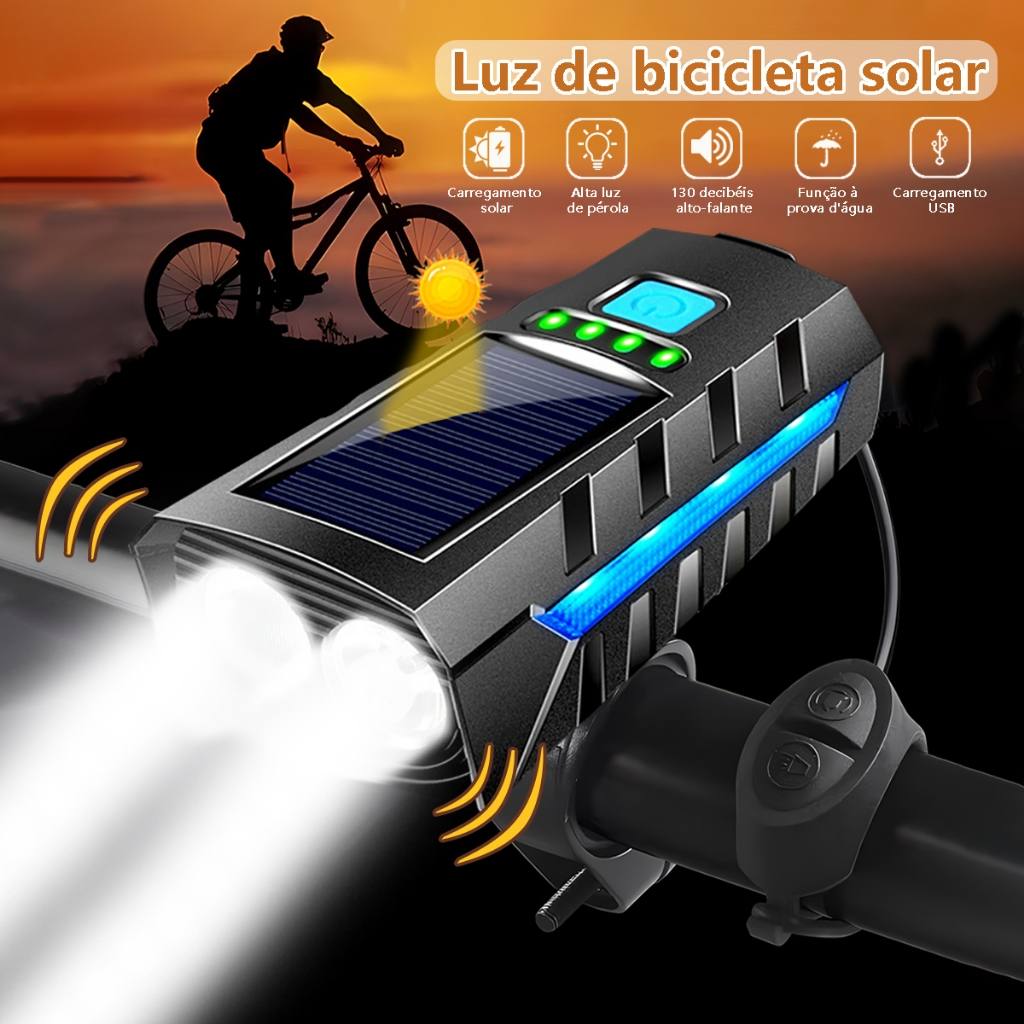 Lanterna Solar para Bicicleta com Buzina e USB Recarregável