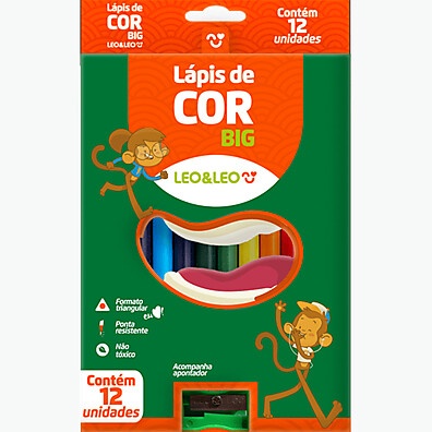 Lápis de Cor Jumbo Leo&Leo: 12 Cores + Apontador!