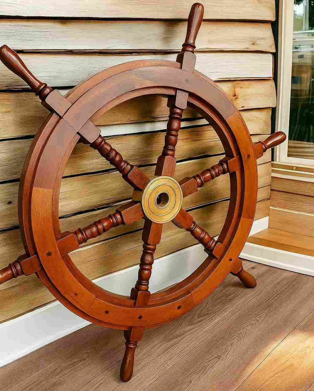 Timão de Navio Rústico em Madeira com Cubo de Latão - Decoração Náutica para Casa (46 cm)
