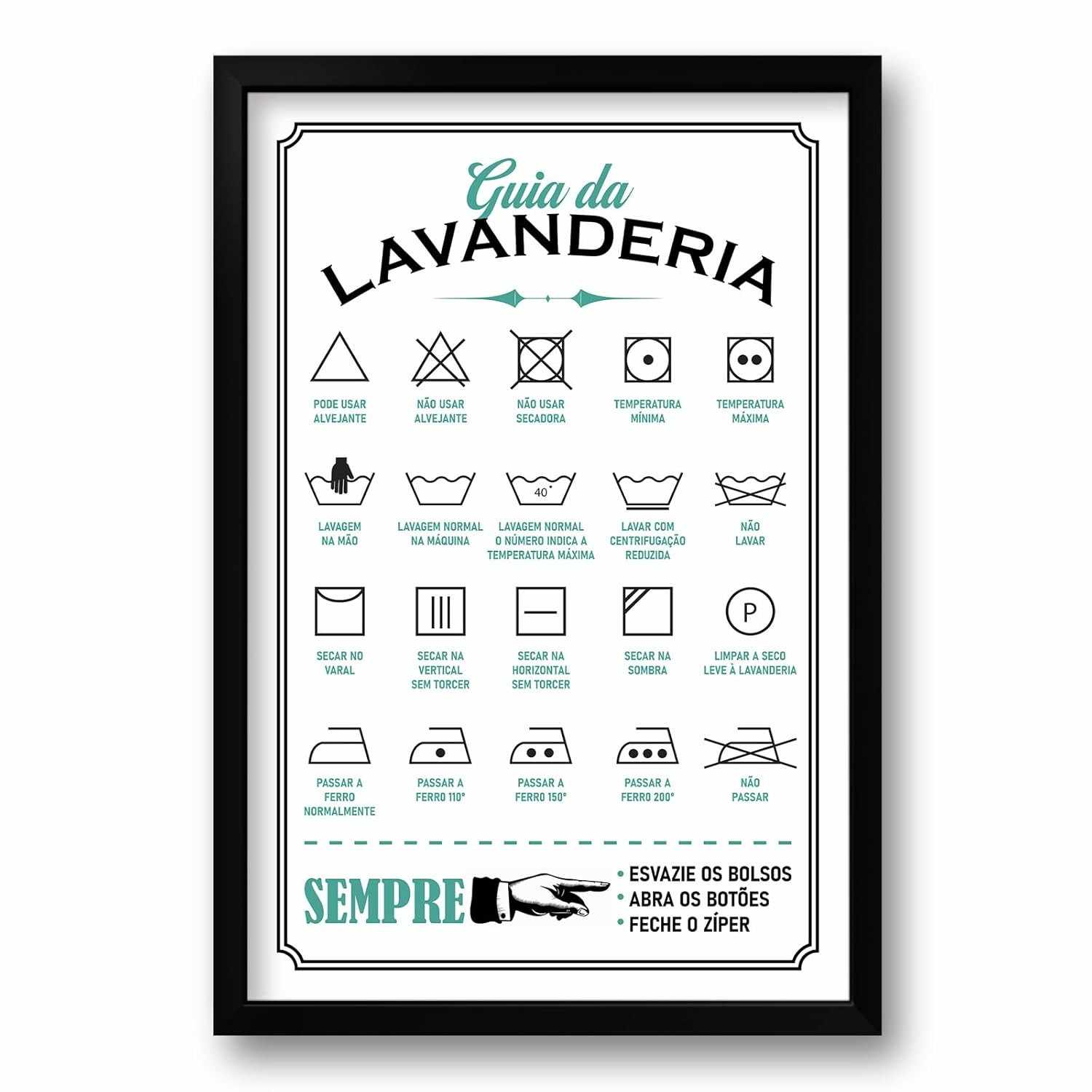Quadro Guia de Lavagem 40x60cm com Moldura Preto Fosco - Símbolos e Regras de Cuidados com Roupas