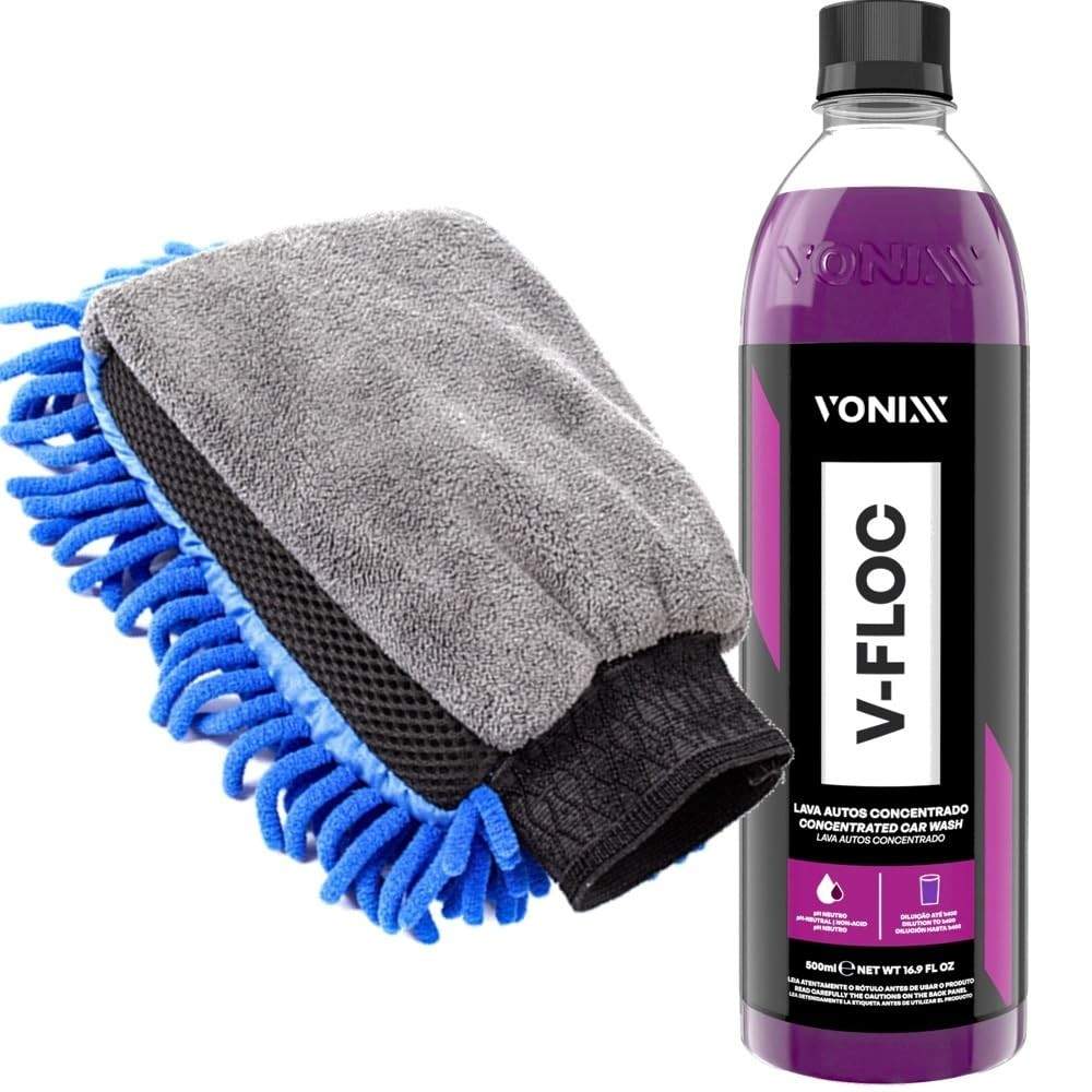 Kit Essencial Lavagem Automotiva: Shampoo V-Floc 500ml Vonixx + Luva Tripla Ação Karbox Azul Escuro