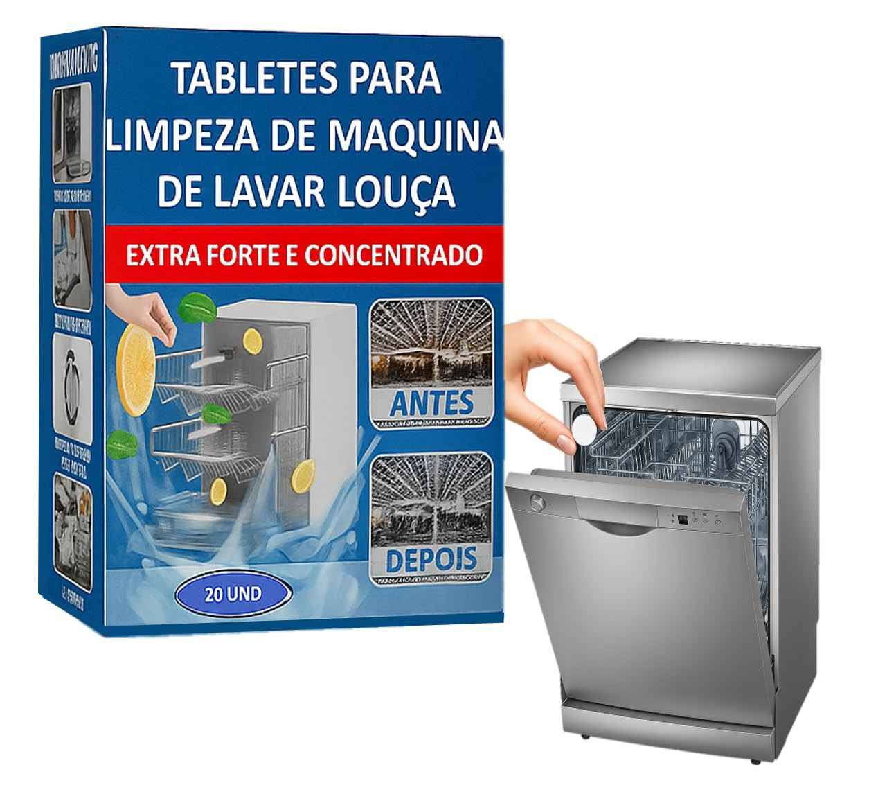 Pastilhas Limpadoras para Máquina de Lavar Louça - Kit com 20 Unidades - Limpeza Profunda, Anticalcário, Elimina Odores e Gordura - Compatível com Todas as Máquinas