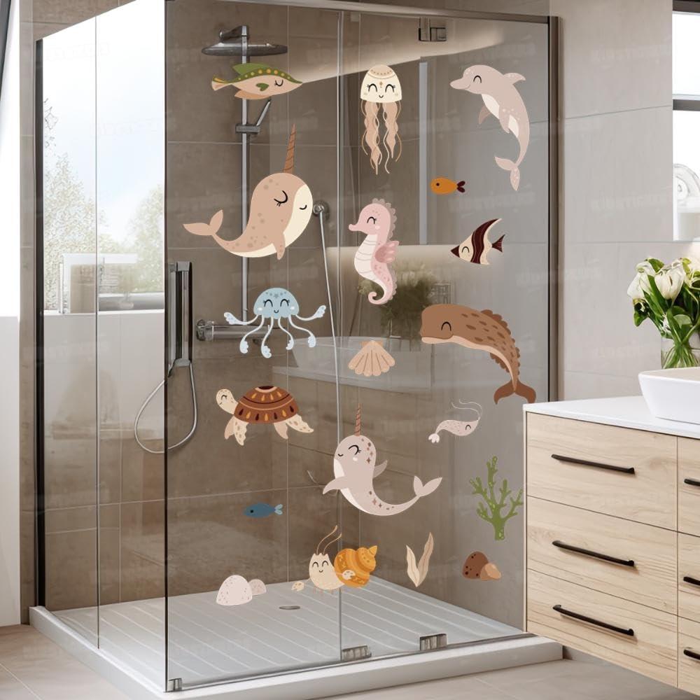 Kit Adesivos Fundo do Mar Infantil Lavável - Decoração Segura e Divertida para Box, Piscina e Quarto de Bebê