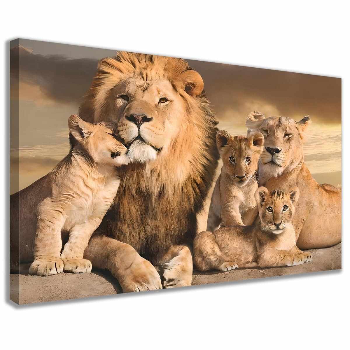 Quadro Decorativo Leão Família - Casal com 3 Filhos em Tela e Madeira 60x90cm
